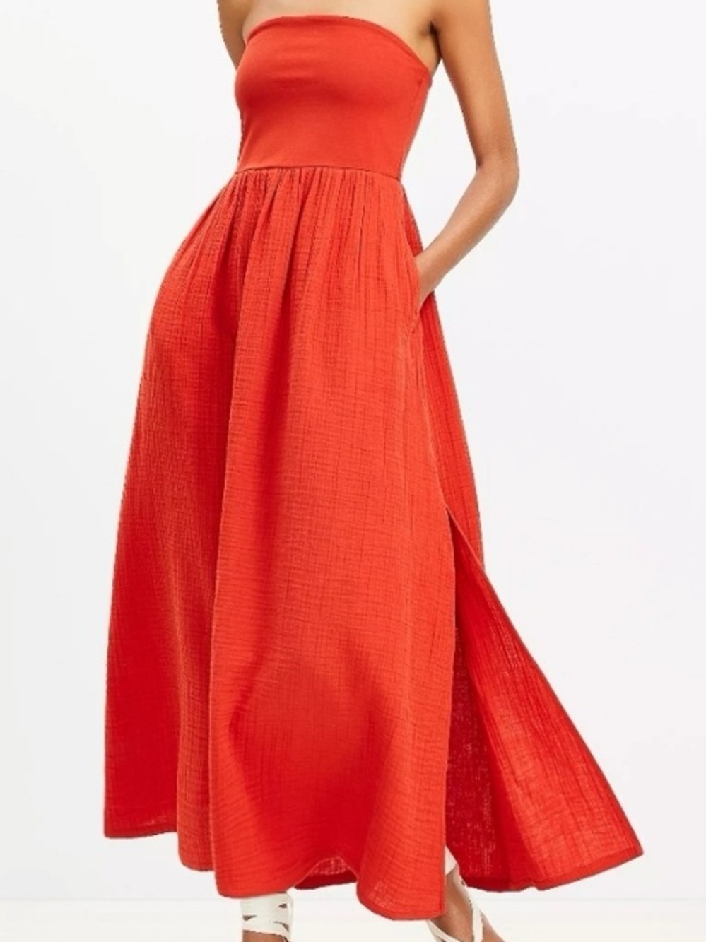 LOFT Beach Strapless Mixed Media Pocket Orange Maxi Dressed